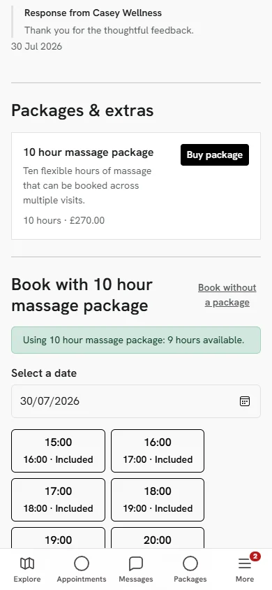 BodyworksBureau: client package booking interface