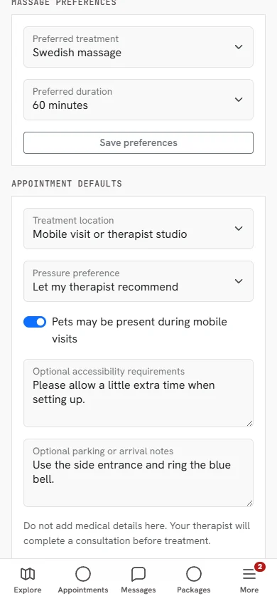 BodyworksBureau: client preferences interface