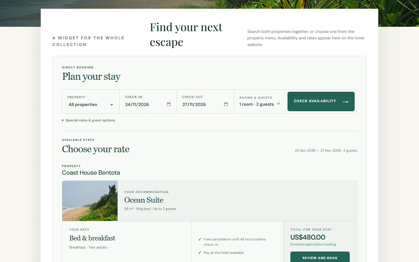 Guestivity: hotel widget inline results interface