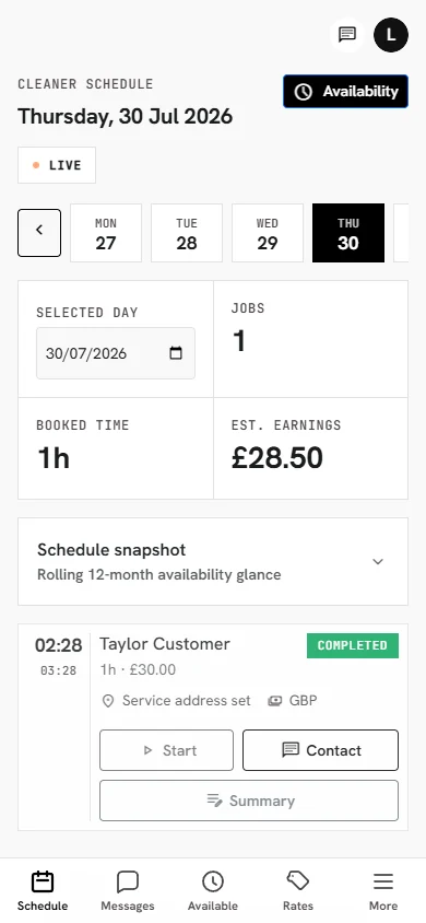 RentACleaner: cleaner agenda interface
