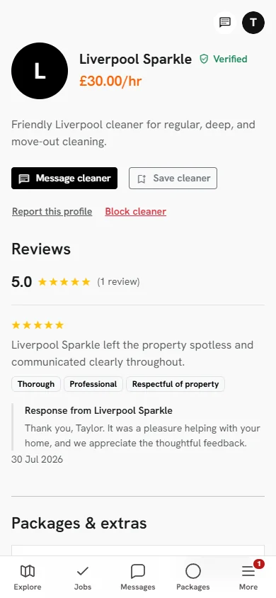RentACleaner: cleaner profile interface