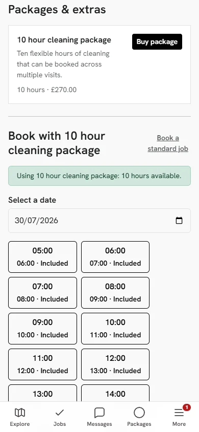 RentACleaner: customer package booking interface