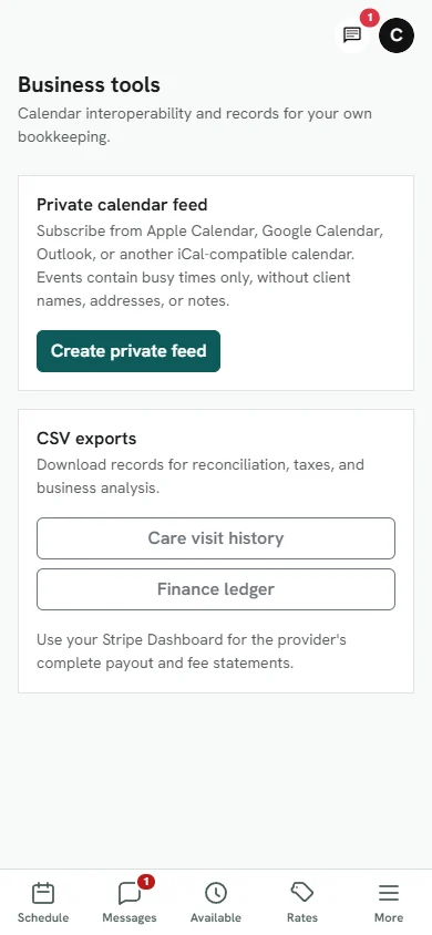 The Care Exchange: carer business tools interface