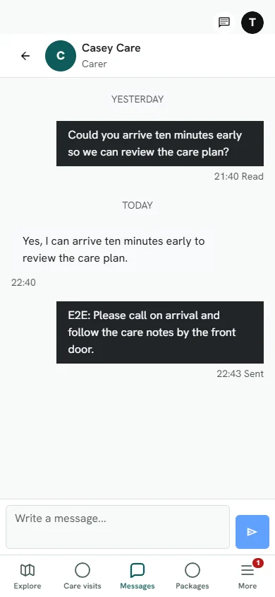The Care Exchange: client messages interface