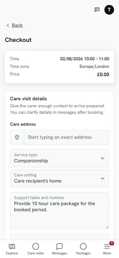 The Care Exchange: client package booking interface